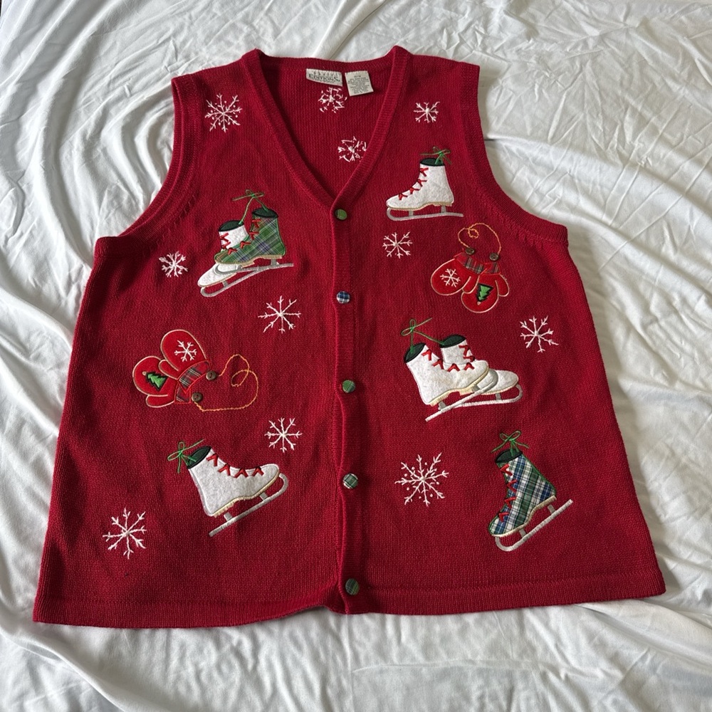 Vintage 90s Basic Editions Festive Red Christmas Cotton Blend Sweater Vest